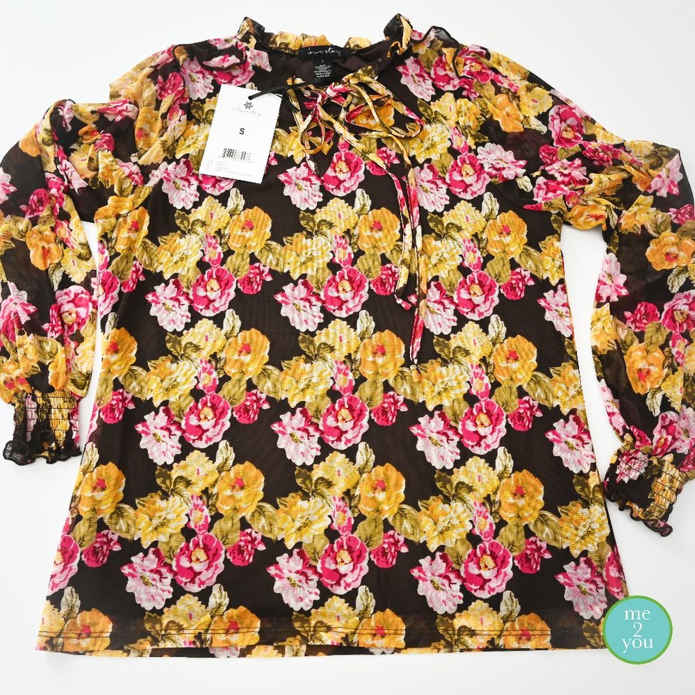 A LOVE STORY "Lorelai" Pink Yellow Brown Lace-Up Front Mesh Blouse Small NWT